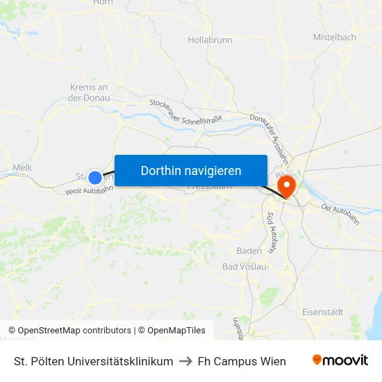 St. Pölten Universitätsklinikum to Fh Campus Wien map