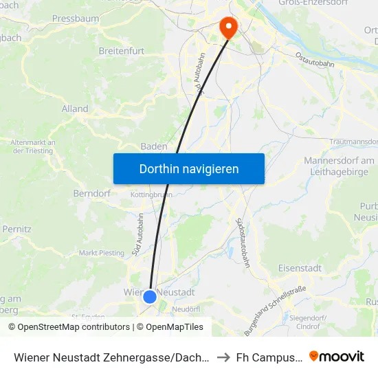 Wiener Neustadt Zehnergasse/Dachensteingasse to Fh Campus Wien map