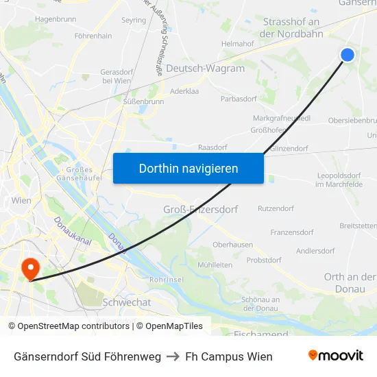 Gänserndorf Süd Föhrenweg to Fh Campus Wien map