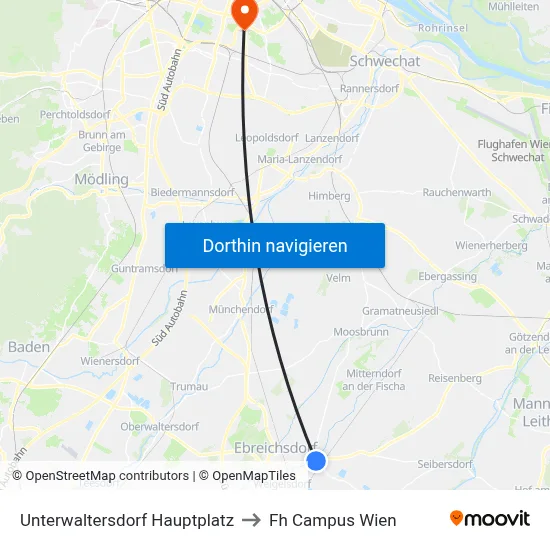 Unterwaltersdorf Hauptplatz to Fh Campus Wien map