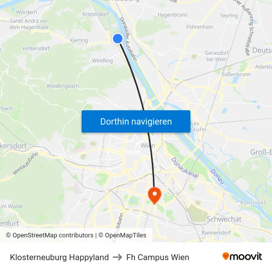 Klosterneuburg Happyland to Fh Campus Wien map