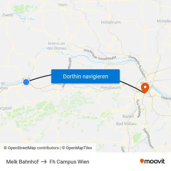 Melk Bahnhof to Fh Campus Wien map