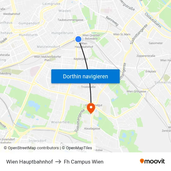 Wien Hauptbahnhof to Fh Campus Wien map