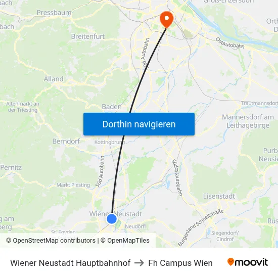 Wiener Neustadt Hauptbahnhof to Fh Campus Wien map