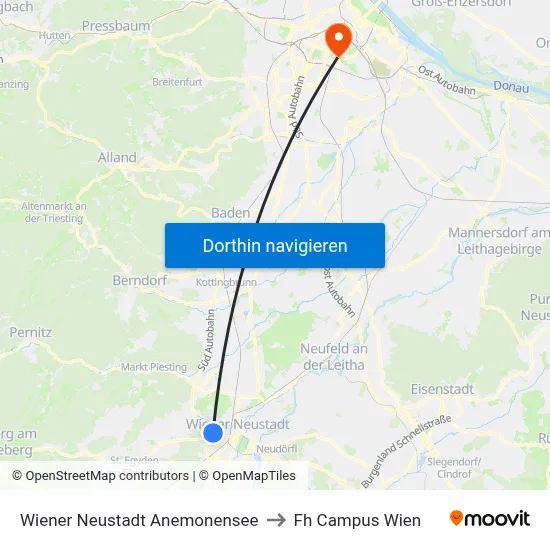 Wiener Neustadt Anemonensee to Fh Campus Wien map