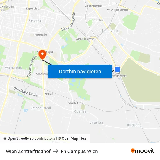 Wien Zentralfriedhof to Fh Campus Wien map