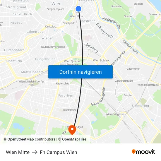 Wien Mitte to Fh Campus Wien map