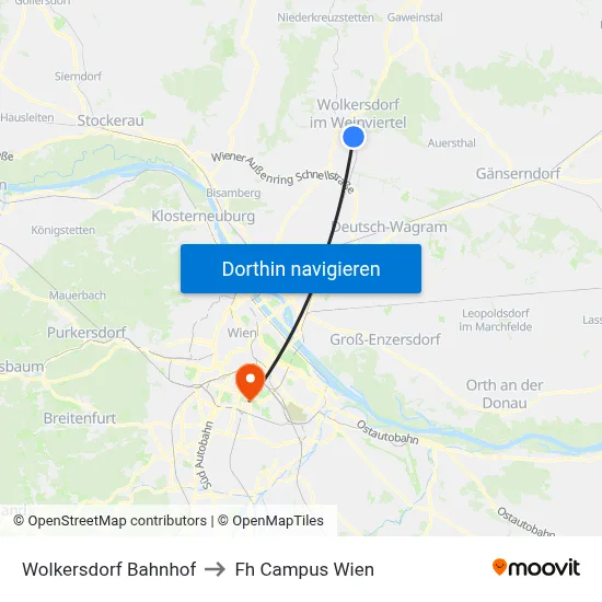 Wolkersdorf Bahnhof to Fh Campus Wien map