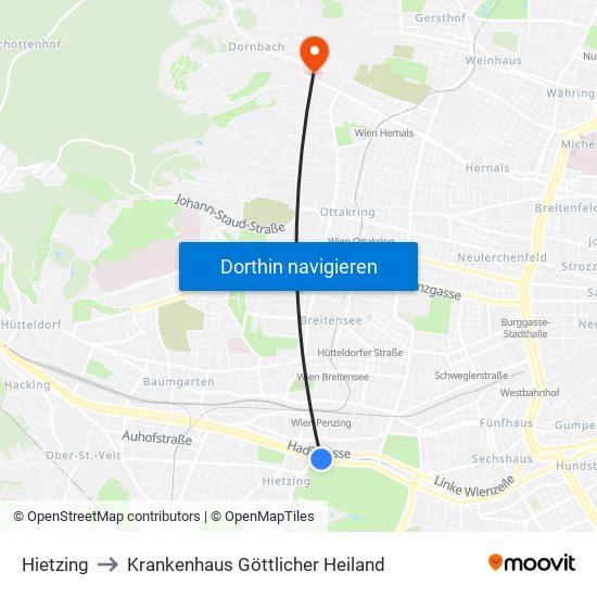 Hietzing to Krankenhaus Göttlicher Heiland map