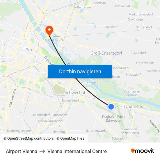 Airport Vienna to Vienna International Centre map