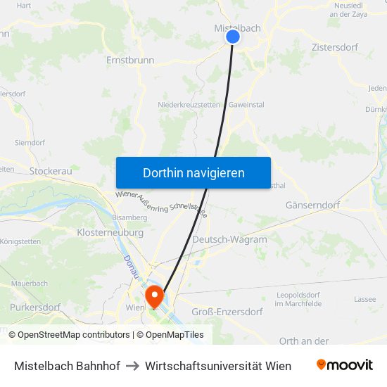 Mistelbach Bahnhof to Wirtschaftsuniversität Wien map