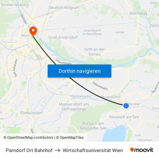 Parndorf Ort Bahnhof to Wirtschaftsuniversität Wien map