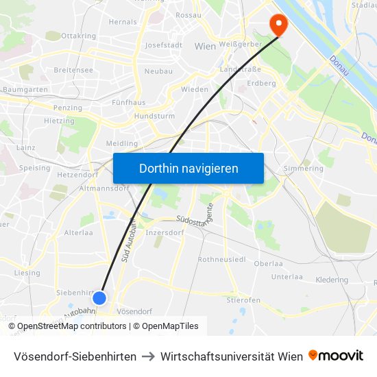 Vösendorf-Siebenhirten to Wirtschaftsuniversität Wien map