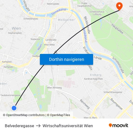 Belvederegasse to Wirtschaftsuniversität Wien map