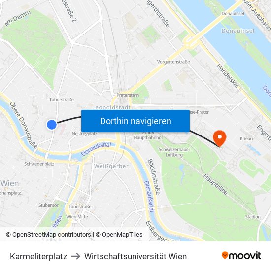 Karmeliterplatz to Wirtschaftsuniversität Wien map