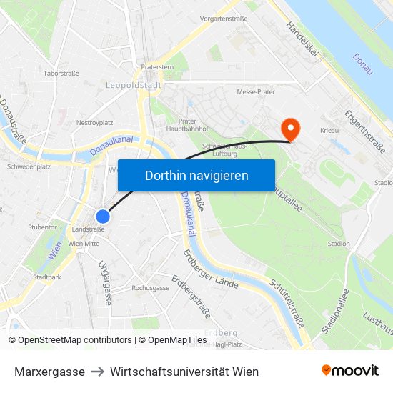 Marxergasse to Wirtschaftsuniversität Wien map