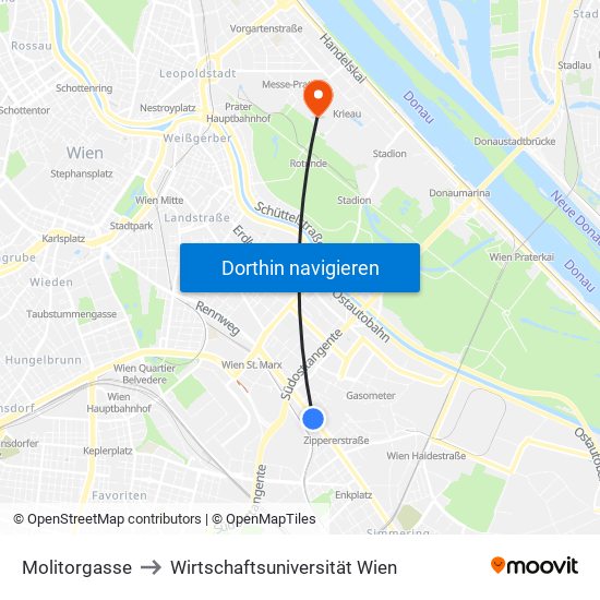 Molitorgasse to Wirtschaftsuniversität Wien map