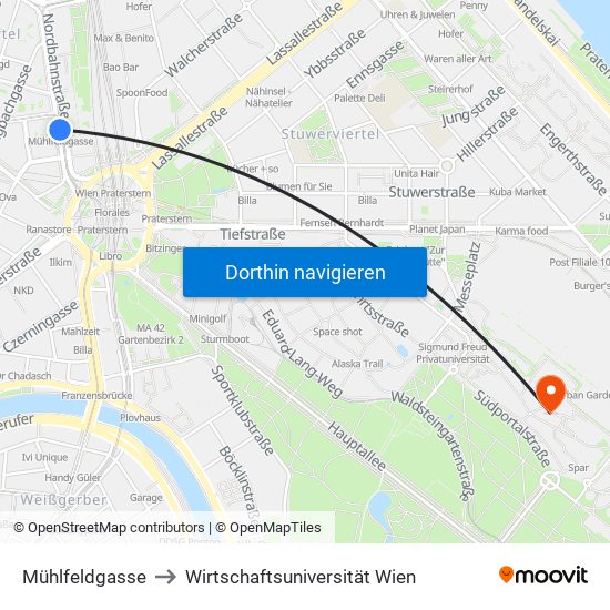 Mühlfeldgasse to Wirtschaftsuniversität Wien map