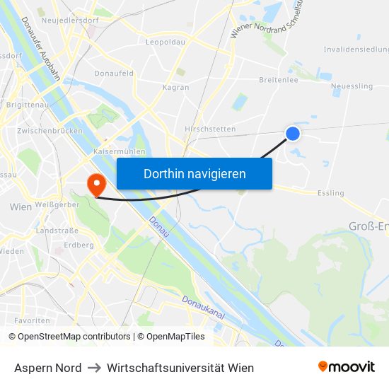 Aspern Nord to Wirtschaftsuniversität Wien map