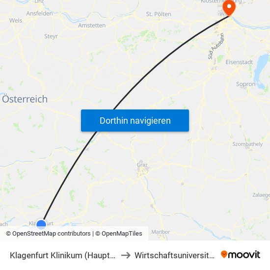 Klagenfurt Klinikum (Haupteingang) to Wirtschaftsuniversität Wien map