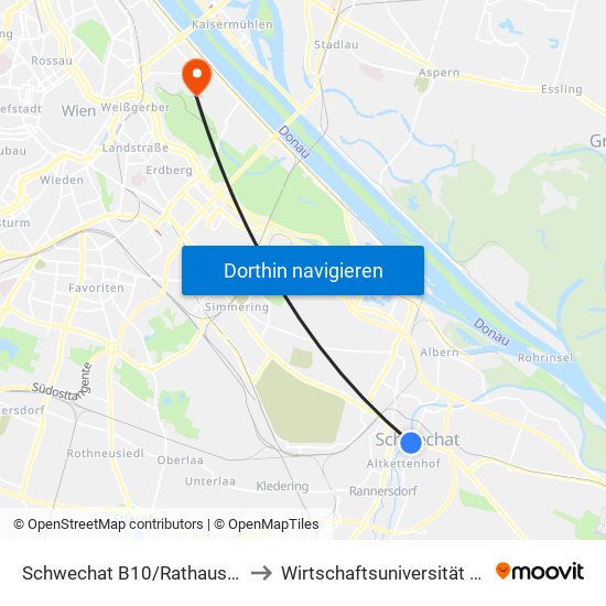Schwechat B10/Rathausplatz to Wirtschaftsuniversität Wien map