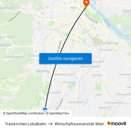 Traiskirchen Lokalbahn to Wirtschaftsuniversität Wien map