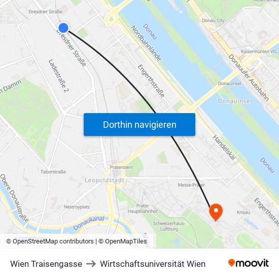 Wien Traisengasse to Wirtschaftsuniversität Wien map