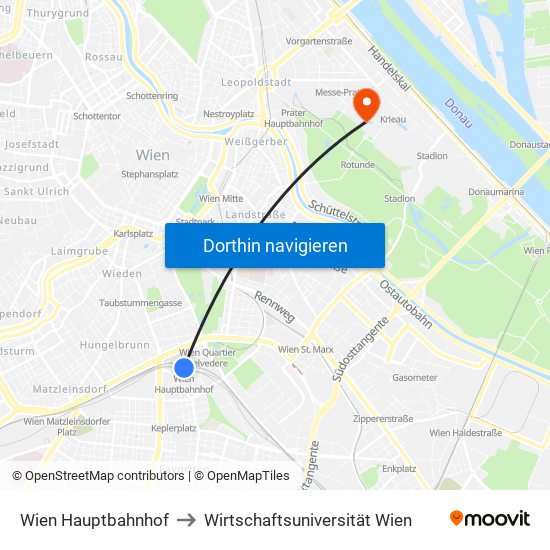 Wien Hauptbahnhof to Wirtschaftsuniversität Wien map