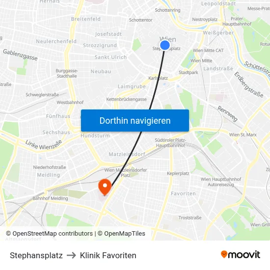 Stephansplatz to Klinik Favoriten map