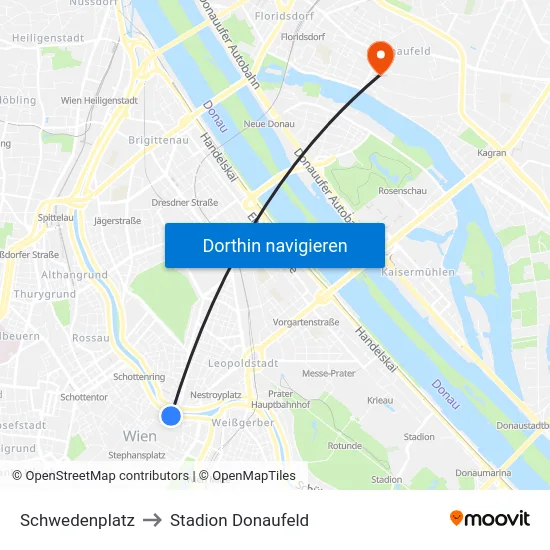 Schwedenplatz to Stadion Donaufeld map