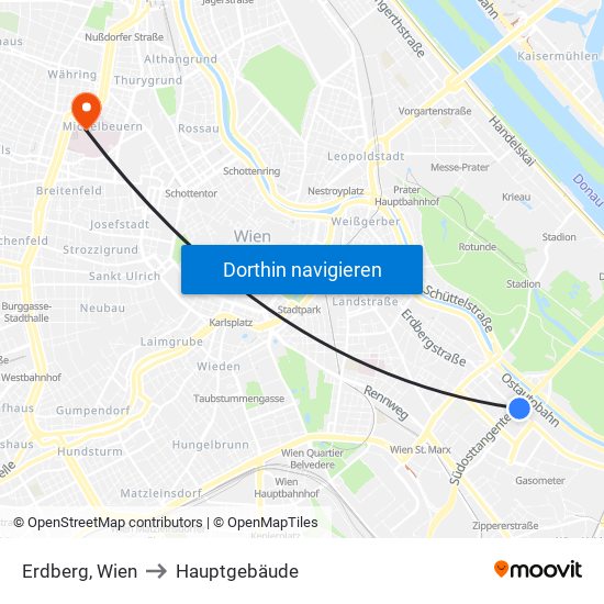 Erdberg, Wien to Hauptgebäude map