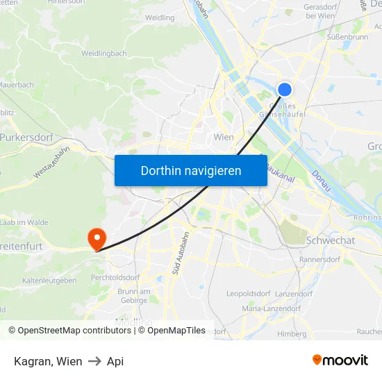 Kagran, Wien to Api map