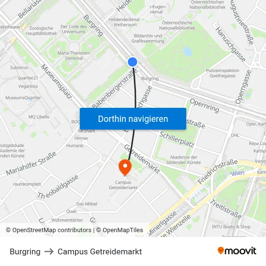 Burgring to Campus Getreidemarkt map
