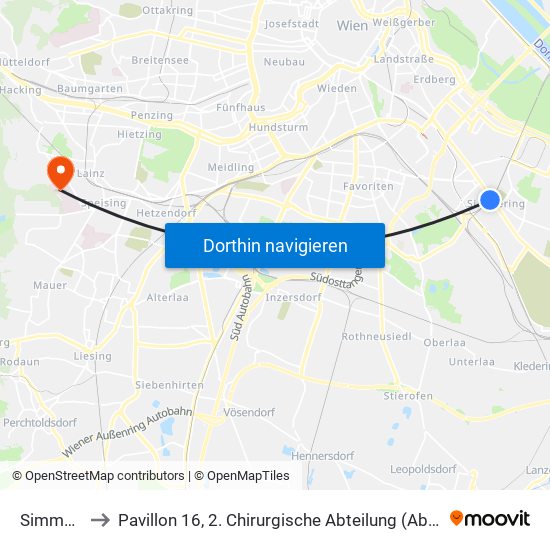 Simmering, Wien to Pavillon 16, 2. Chirurgische Abteilung (Abteilung Für Allgemein- Und Viszeralchirurgie) map