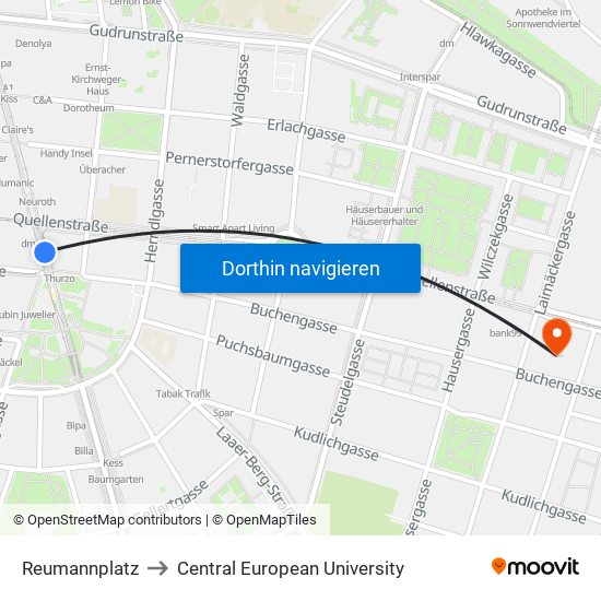 Reumannplatz to Central European University map
