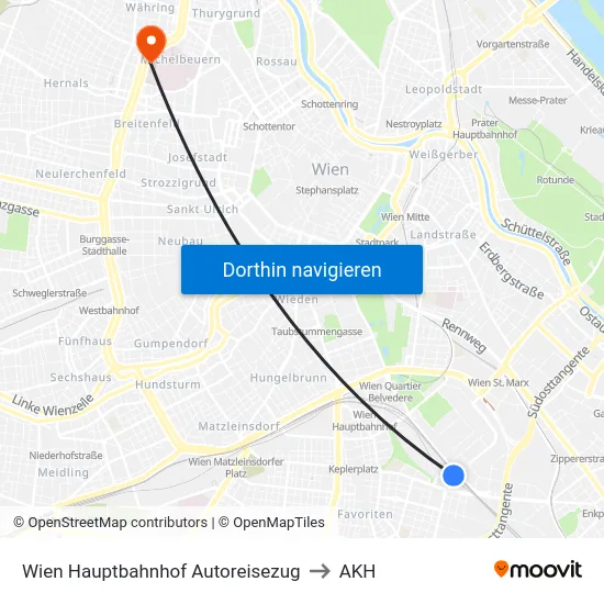 Wien Hauptbahnhof Autoreisezug to AKH map