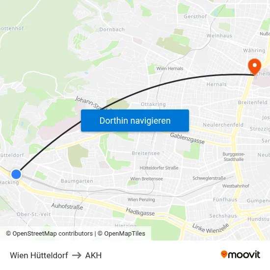 Wien Hütteldorf to AKH map