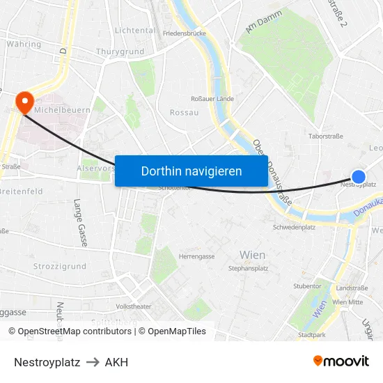 Nestroyplatz to AKH map