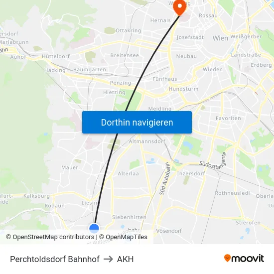 Perchtoldsdorf Bahnhof to AKH map