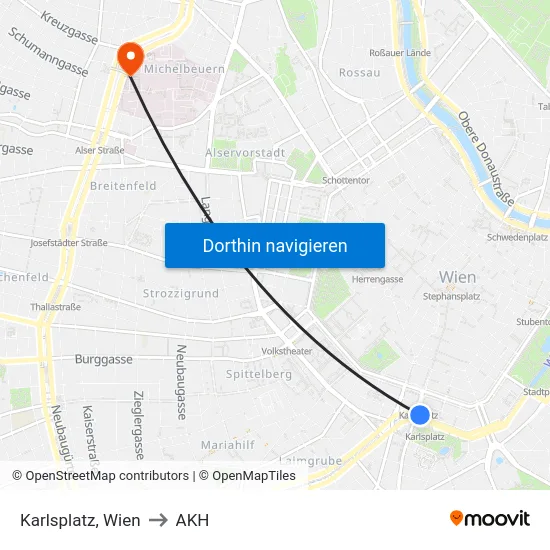 Karlsplatz, Wien to AKH map