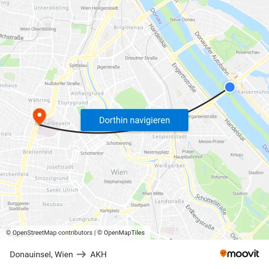 Donauinsel, Wien to AKH map