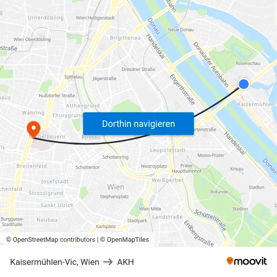 Kaisermühlen-Vic, Wien to AKH map