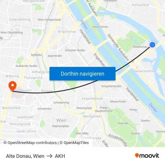 Alte Donau, Wien to AKH map