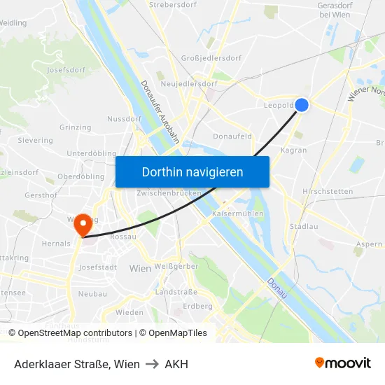 Aderklaaer Straße, Wien to AKH map