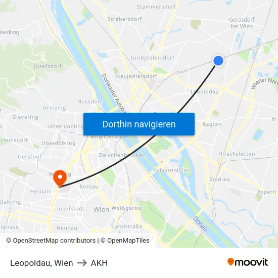 Leopoldau, Wien to AKH map
