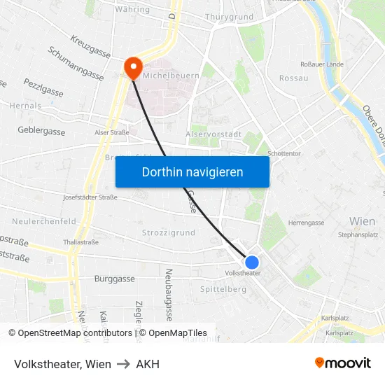 Volkstheater, Wien to AKH map