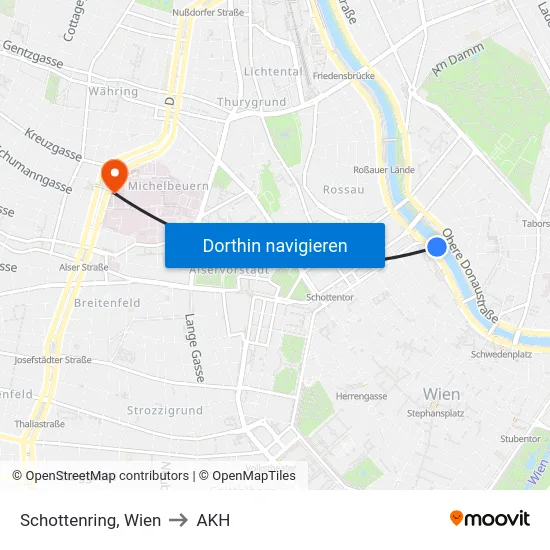 Schottenring, Wien to AKH map
