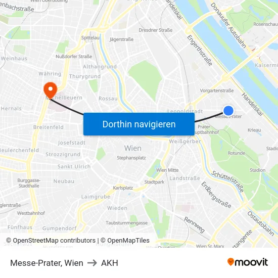 Messe-Prater, Wien to AKH map