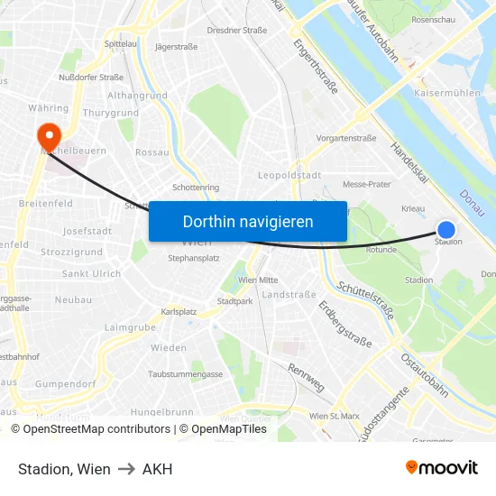 Stadion, Wien to AKH map