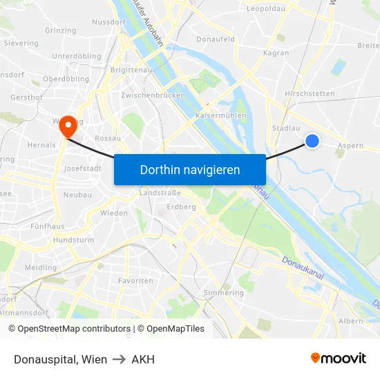 Donauspital, Wien to AKH map